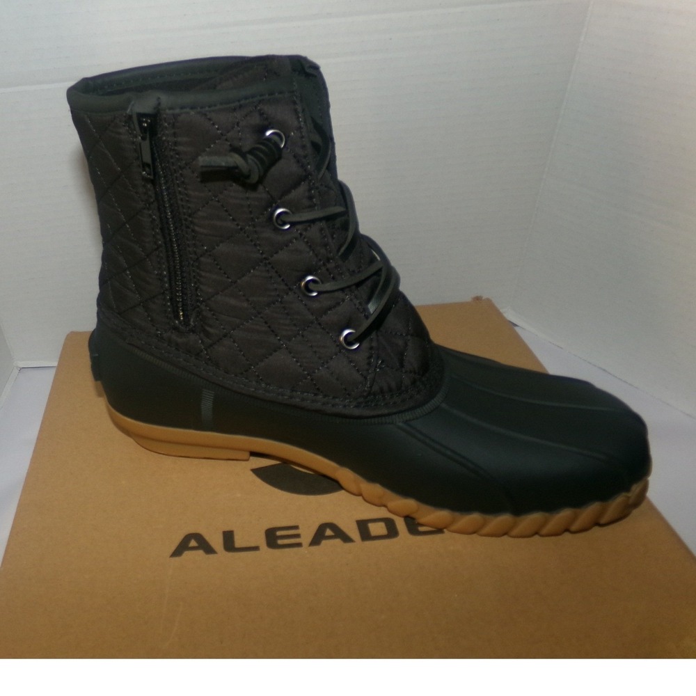 ALEADER‎ Womens Black Quilted Waterproof Duck Boots Side Zip Lace Up Ankle